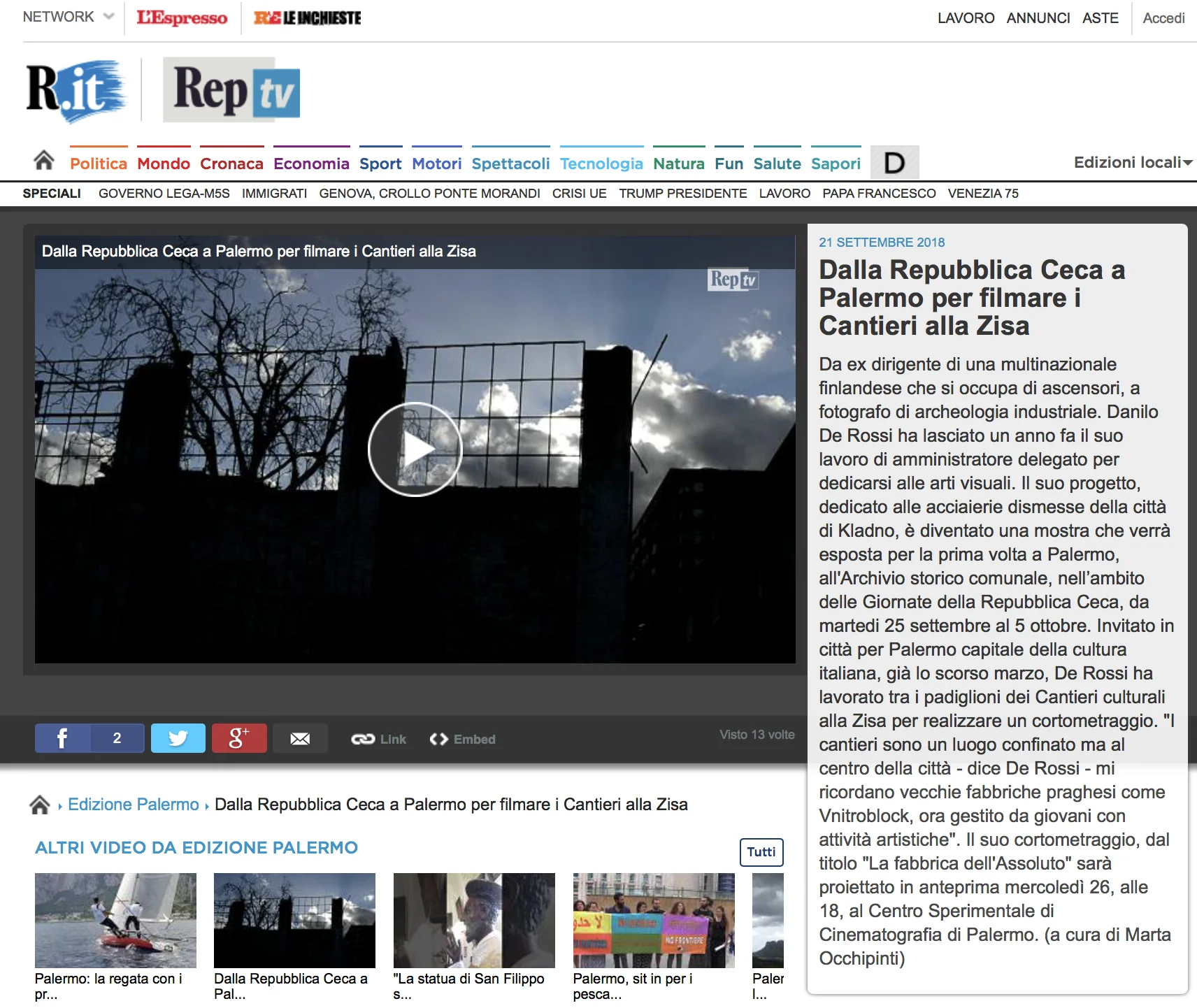 An article from Repubblica with a video on my events in Palermo