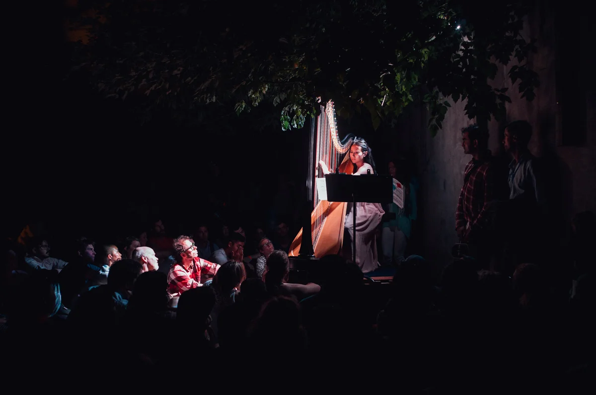 Emily Belvedere performing Suite Galactique in a sunken courtyard on Morrow Ave. Art Spin tour August, 2015. Photo by Priam Thomas.