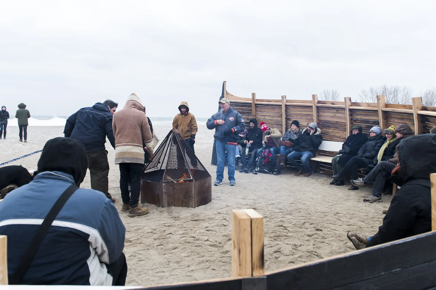Community Fire Pit by Douglas Cardinal. Winter Station installation 2016. Photo by Khristel Stecher.