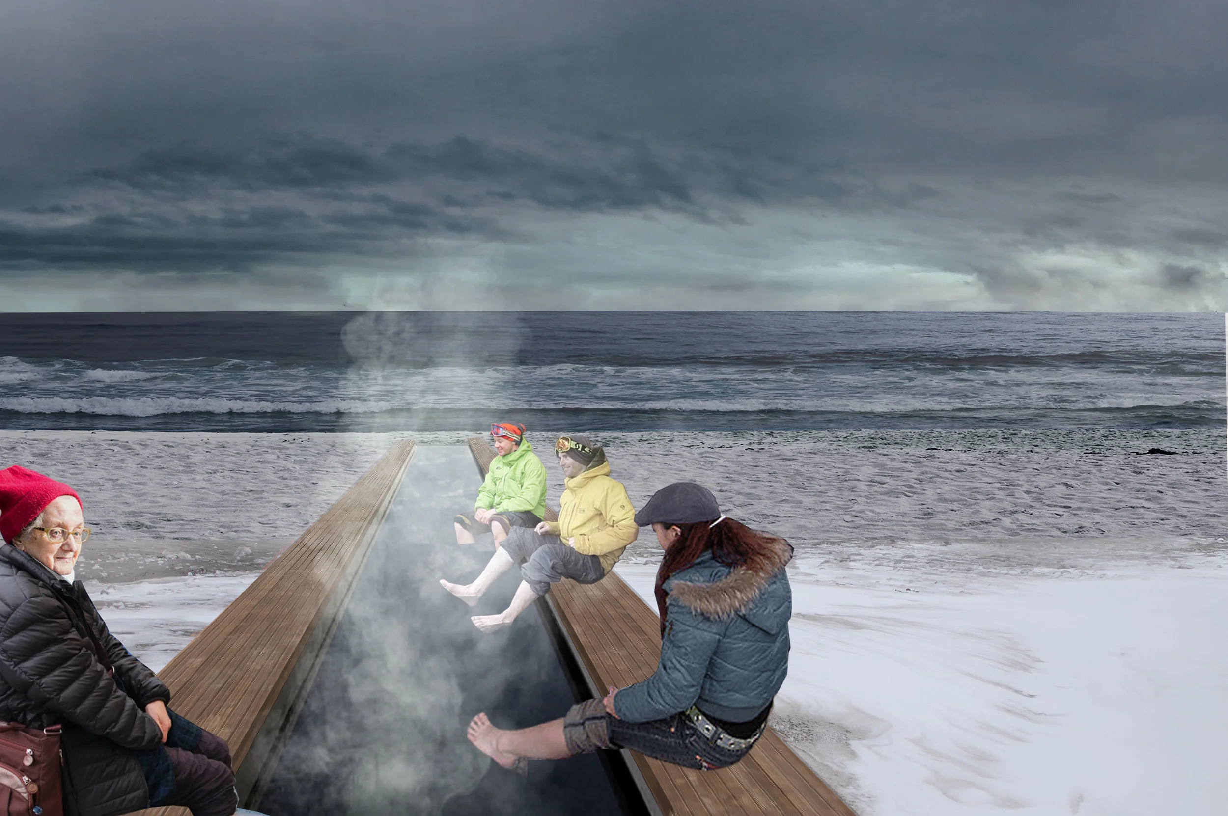 I See You Ashiyu by Asuka Kono and Rachel Salmela. Winter Stations 2017. Ashiyu is about experiencing the elements through haptic interaction with water and steam. The reinterpretation of the Japanese hot spring uses the physical catalytic process of heating and circulating water to spark memory and social interaction. 