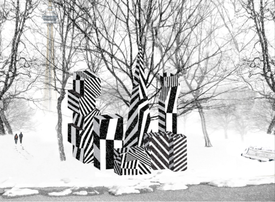 Incognito by Curio Art Consultancy and Jaspal Riyait, Rees Street Parkette. Using architectural massing models as the inspiration for the structures, ‘Incognito’ explores what happens when you make the City’s architectural interventions invisible. Adopting the same camouflaging technology used by warships, the wintery environment will render the installation truly incognito, shaping the public’s interaction with the piece.