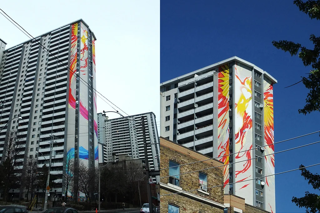 World’s Tallest Mural / Community Rising , 2013. Sean Martindale lead artist, designer and arts facilitator – collaboration with the STEPS Initiative, Emerging Artivists (St James Town youth), and the Toronto Muralists. 200 Wellesley Street East, St James Town, Toronto, ON. Photos by Sean Martindale.