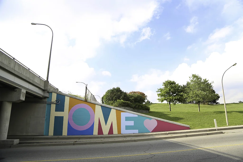 Love or Love Murals , 2012. Sean Martindale lead artist, designer and arts facilitator – collaboration with Lawrence Heights youth, Art Starts, and the TCHC. Ranee Avenue Underpass at Yorkdale Station, Lawrence Heights, Toronto, ON. Photo by T-Cupid.