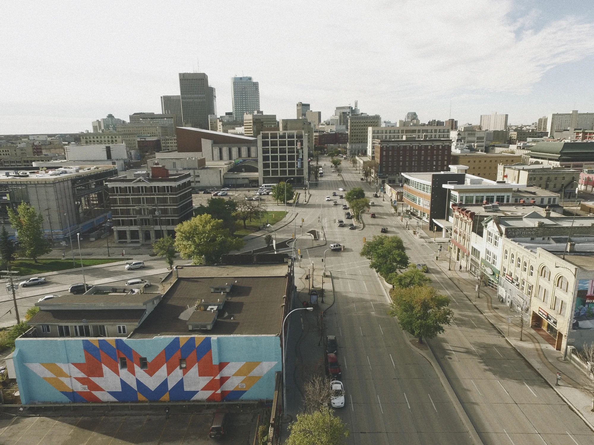 Aerial view showing Star Blanket Project – Edge Gallery by Kenneth Lavallee. Photo by Jonathan Ventura.
