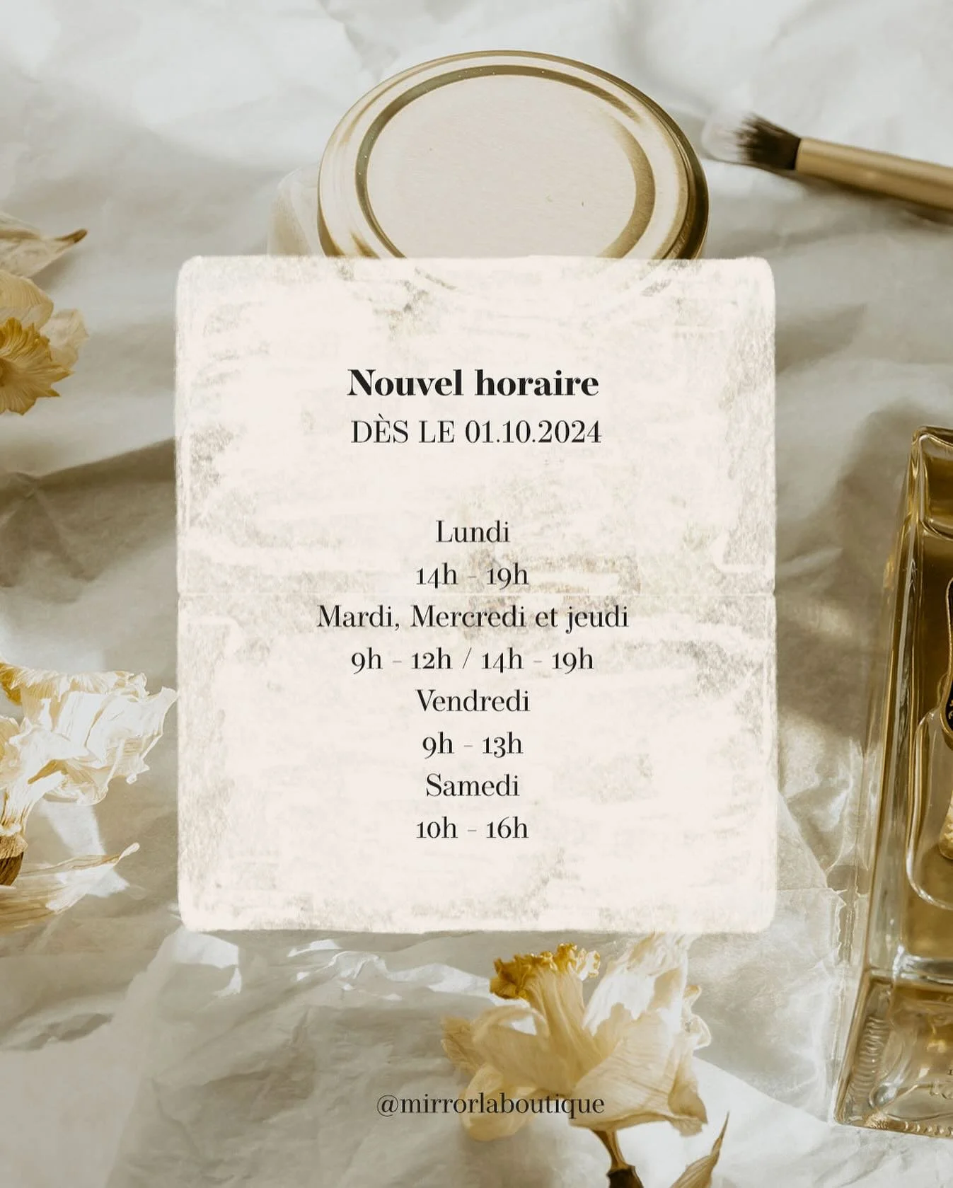 Info importante ! NOUVEL HORAIRE dès le 01.10.2024 :
☁️ Lundi 14h - 19h
☁️ Mardi, mercredi et jeudi 9h - 12h / 14h - 19h
☁️ Vendredi 9h - 13h
☁️ Samedi 10h - 16h
Nous restons joignable au +41 32 731 05 40 du lundi au samedi de 9h à 12h