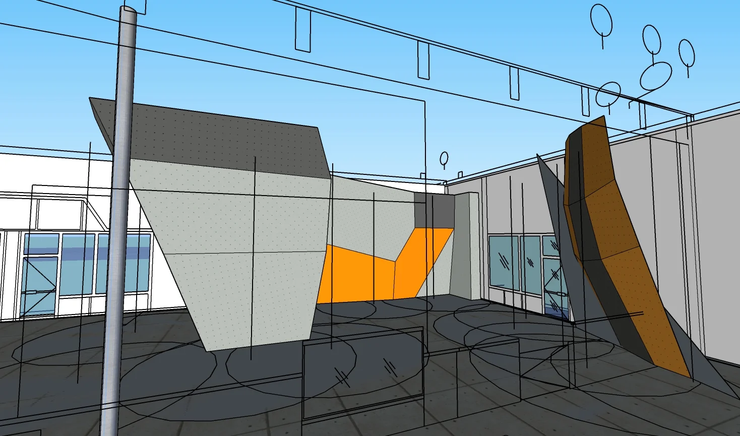 An early massing of the SE bouldering area. The front face is similar to the old SRG pillar face, only reversed and 5’ higher! Wait until you see what is around the two corners, oh yeah!
