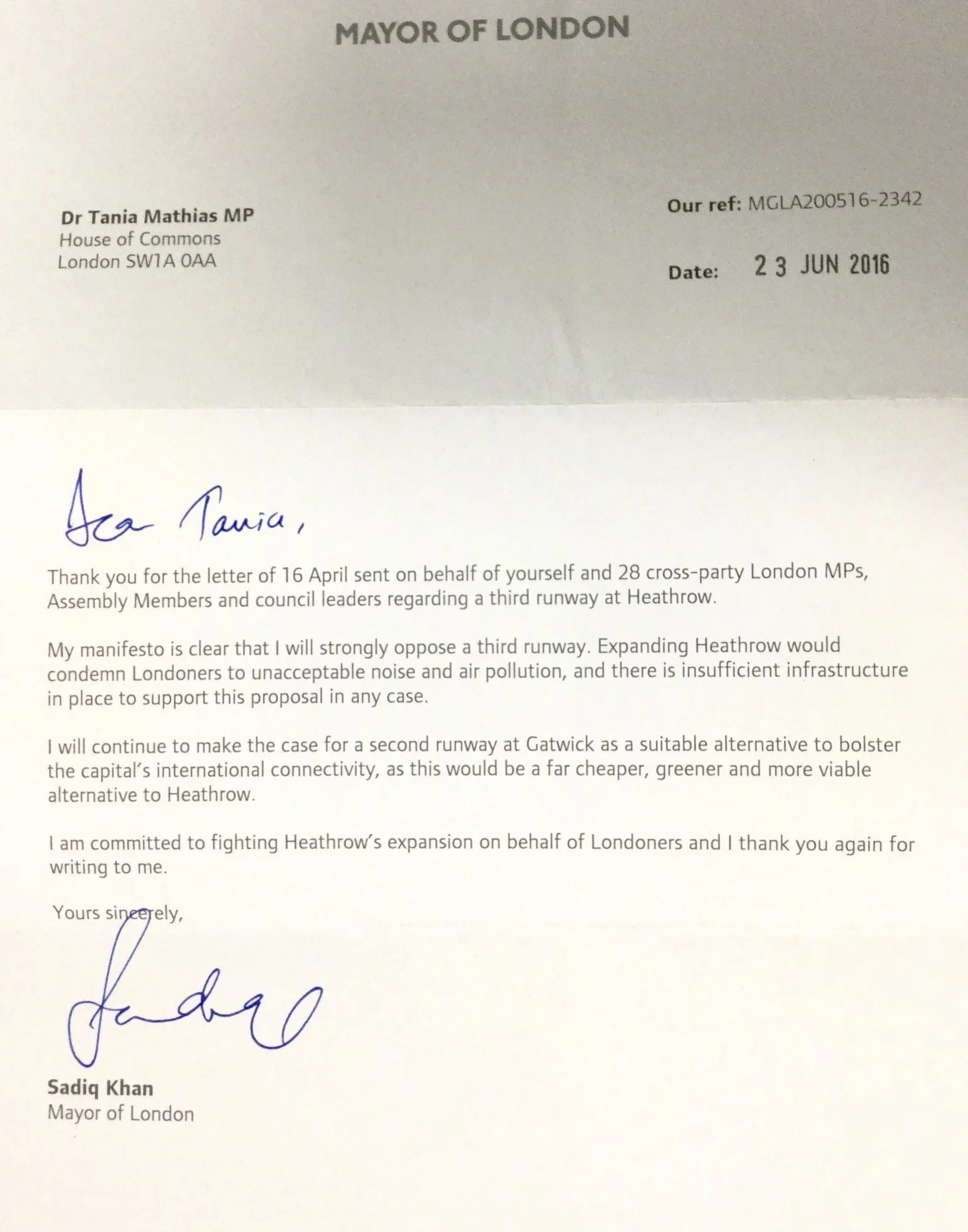 The Mayor of London's letter of support