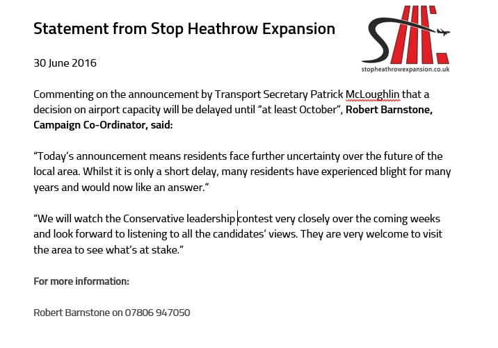 Press Statement from Stop Heathrow Expansion