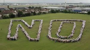 Human "NO" formed in Sipson. The 70 houses (top left) would effectively be INSIDE the airport if Heathrow's third runway ever built yet are not included in official figure of 783 homes to be bulldozed in first wave of demolition. 