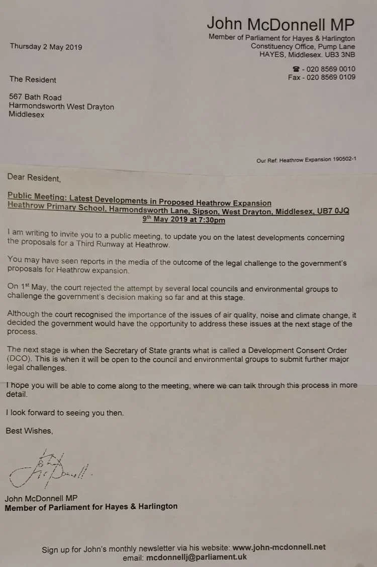 Urgent public meeting on Heathrow expansion called by John McDonnell MP