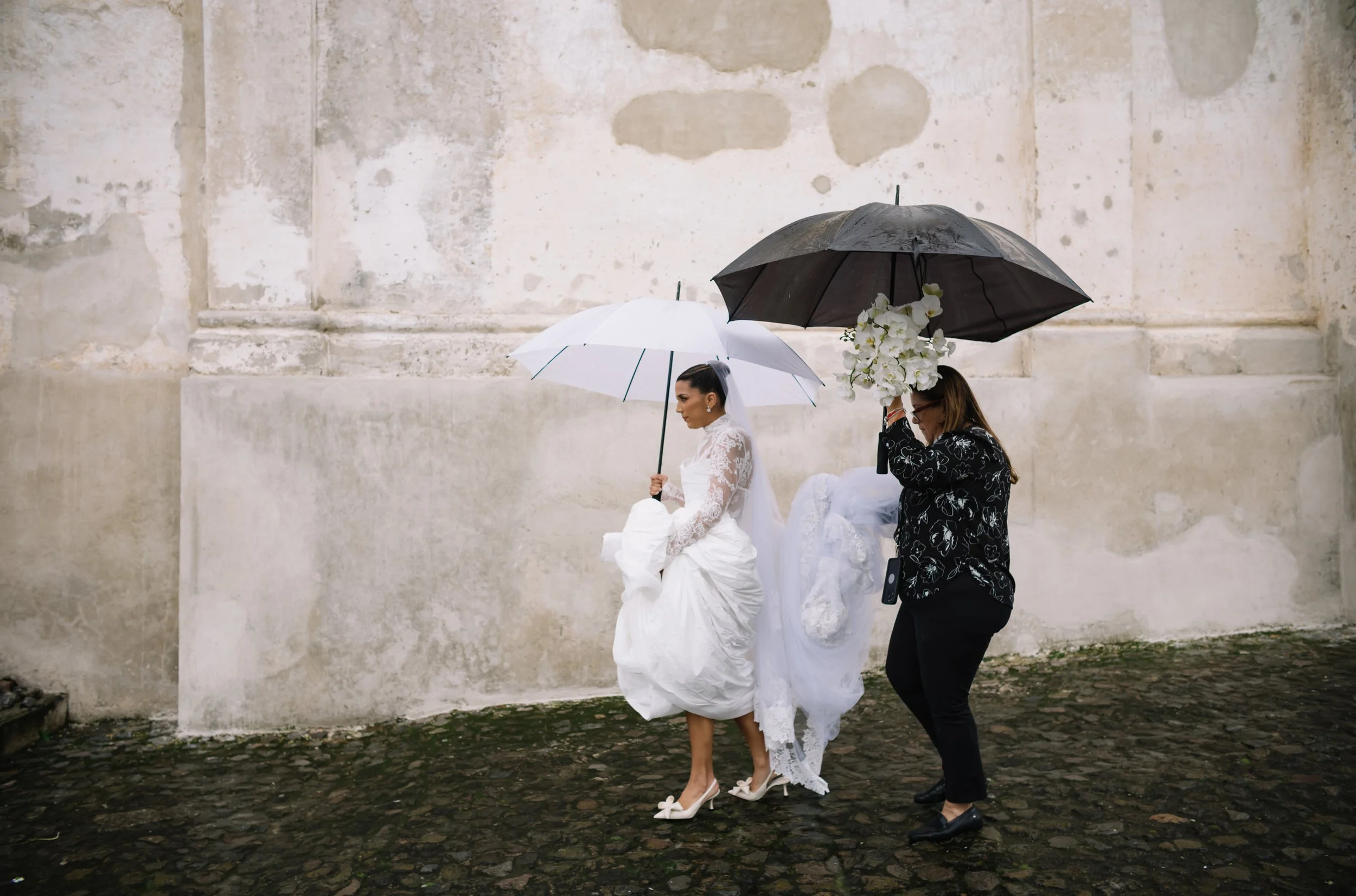 Bride arriving at San Juan del Obispo Church for her destination wedding ceremony near Antigua Guatemala.