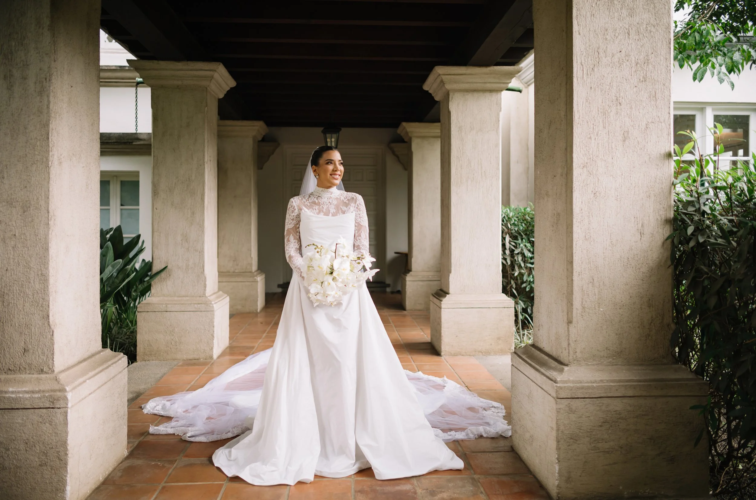 Bride arriving at Villa Bokeh, a Relais & Châteaux luxury destination wedding venue in Antigua Guatemala.
