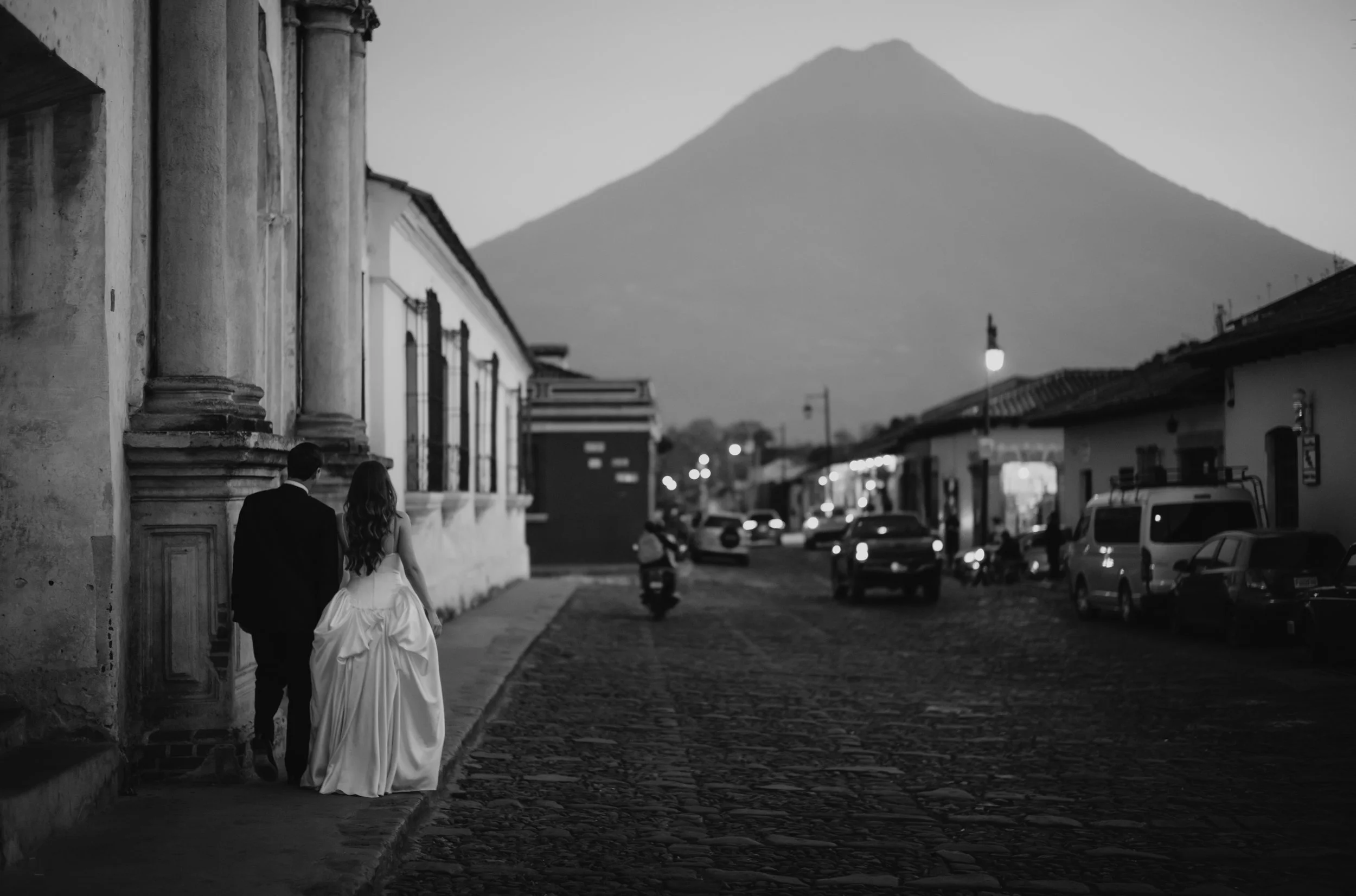 Iconic Destination Wedding Street Photography in Antigua Guatemala with Volcano Backdrop and Cobblestone Streets