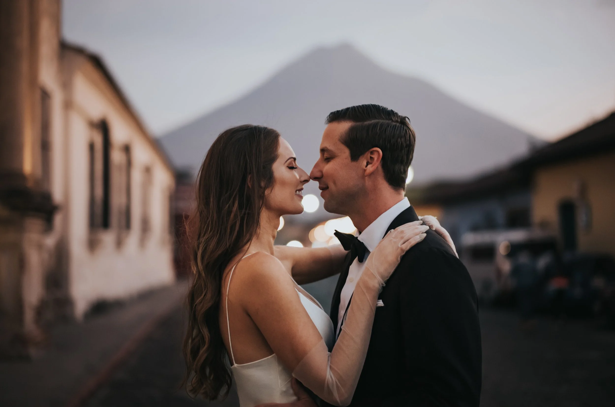Destination Wedding Portraits in Antigua Guatemala with Volcano Backdrop and Cobblestone Streets