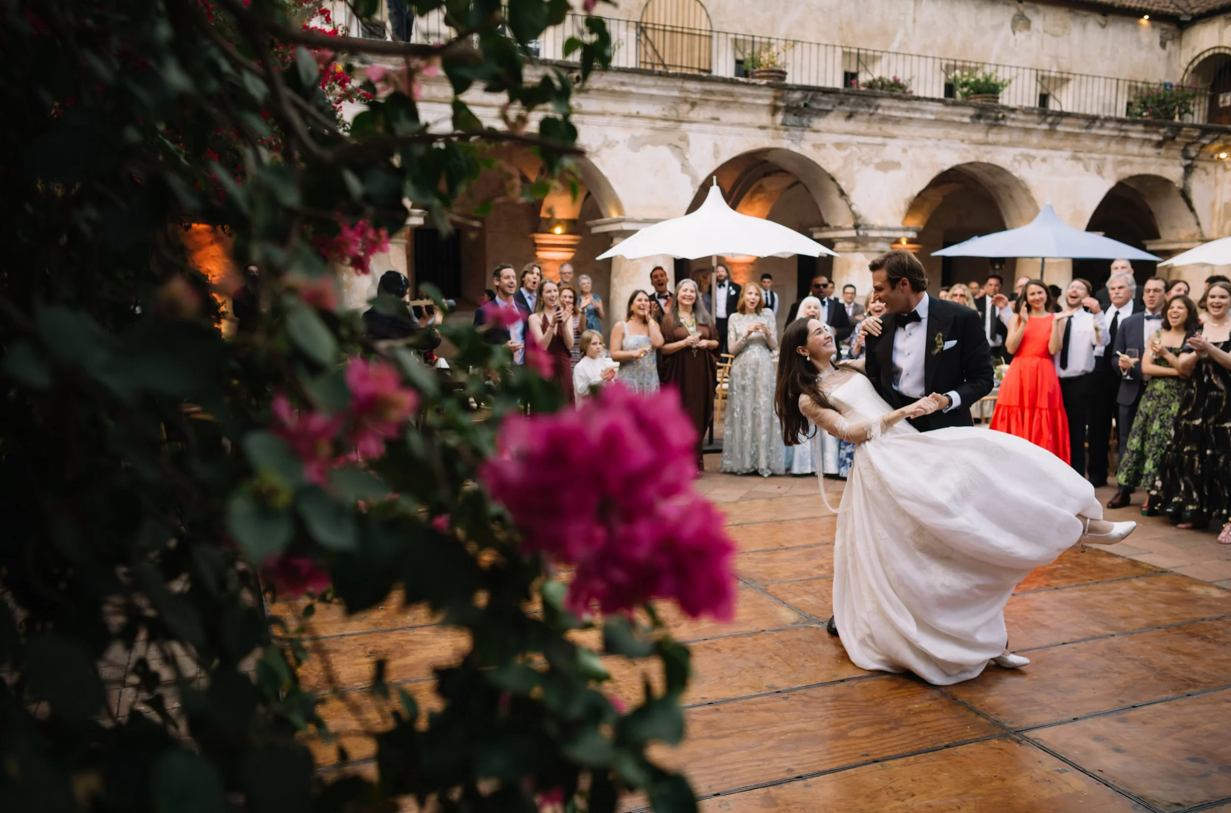 Bride and groom sharing their first dance antigua guatemala courtyard