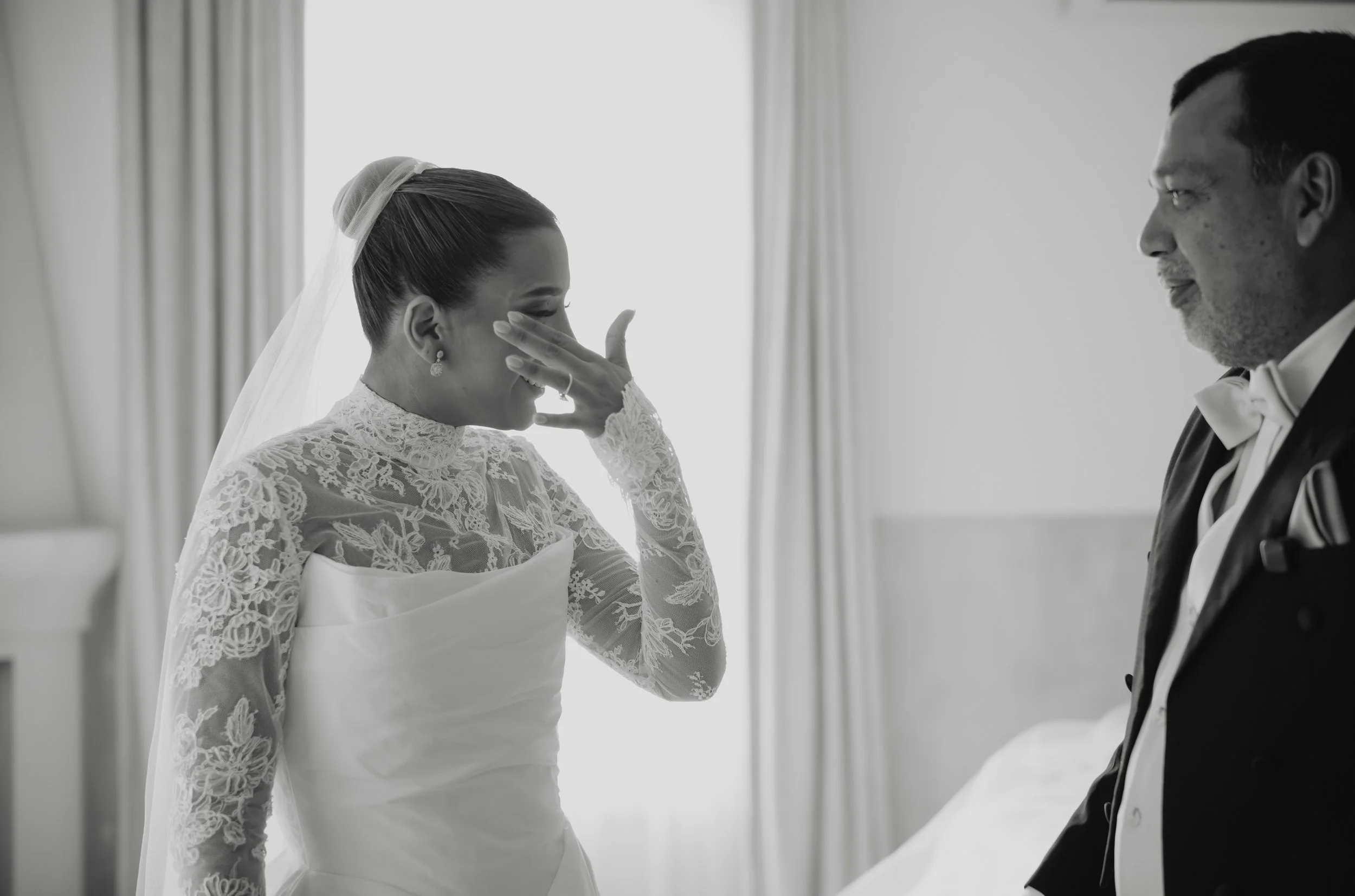 Emotional bride and father moment before destination wedding in Antigua