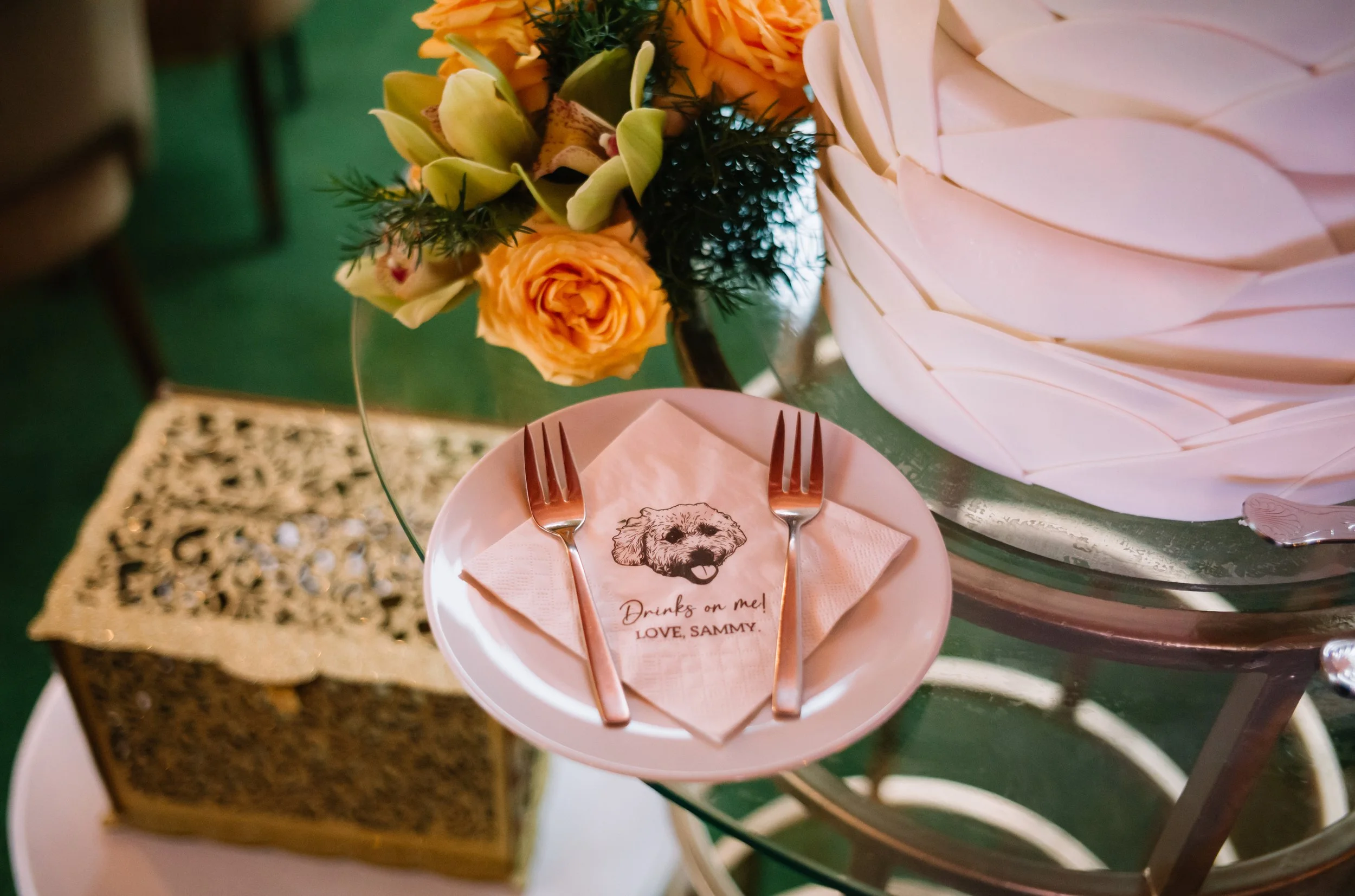 Custom dog wedding napkin featuring the couple’s dog at a luxury destination wedding reception in Antigua Guatemala.