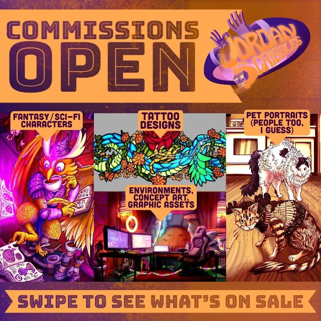 Finally making it official, commissions are open for business! Check out these pics for examples, get in touch at jordanscribbles.com/contact or DM me on your social media of choice.🖋️🖌️🎨

#commissionsopen #freelanceart #illustration #characterart