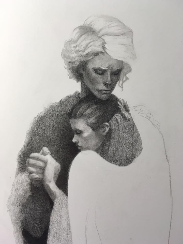 Working out the textures for the brother's cloak and the sister's hair.