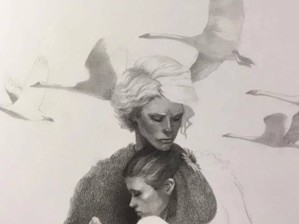 Plotting and filling in simple shapes for the background of swans. Less is more.
