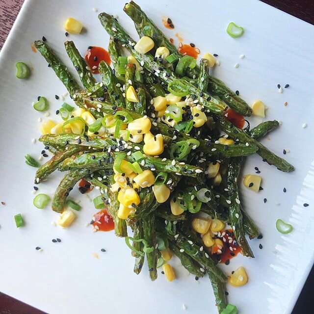 red chile green beans w/ pickled corn, sesame &amp; scallion - available mild or spicy for curbside pickup 1pm-7pm, order online (link in bio!)