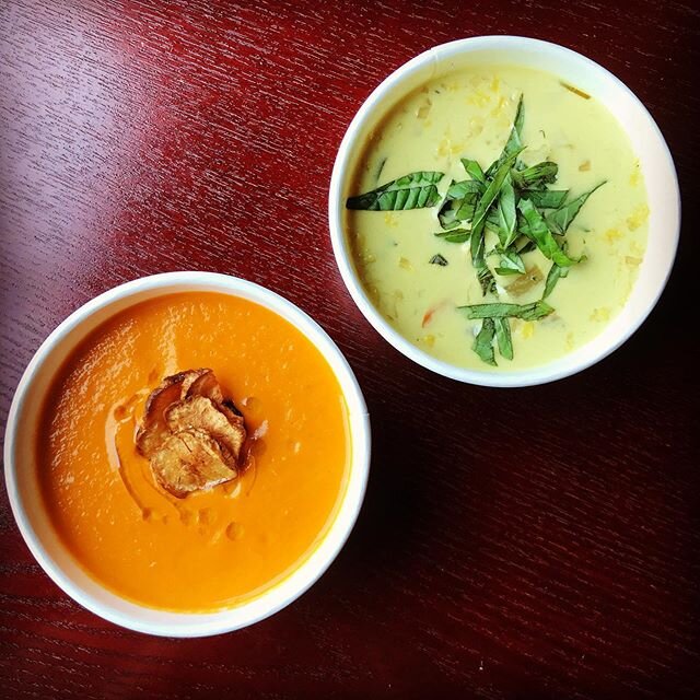 ROASTED TOMATO BISQUE w/ cashew cream, porcini mushroom oil &amp; fried sunchoke // GREEN CURRY-COCONUT SOUP w/ tofu, zucchini, napa cabbage, oyster mushroom, lime &amp; thai basil // Both available by the bowl or quart! Order online for curbside pic