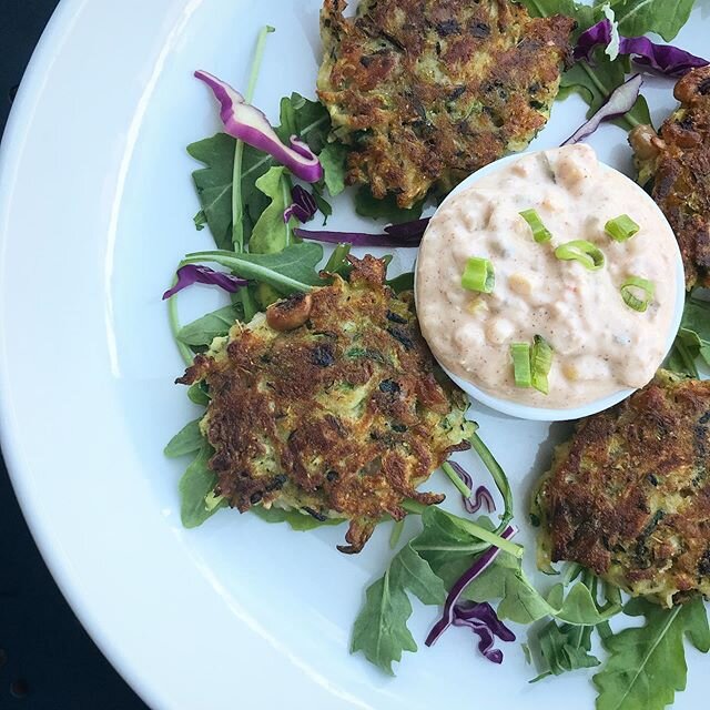 ZUCCHINI &amp; BLACK-EYED PEA GRIDDLE CAKES w/ smoked chile-roasted corn remoulade - Available for curbside pickup Sunday 1pm-7pm, order online (link in bio)!