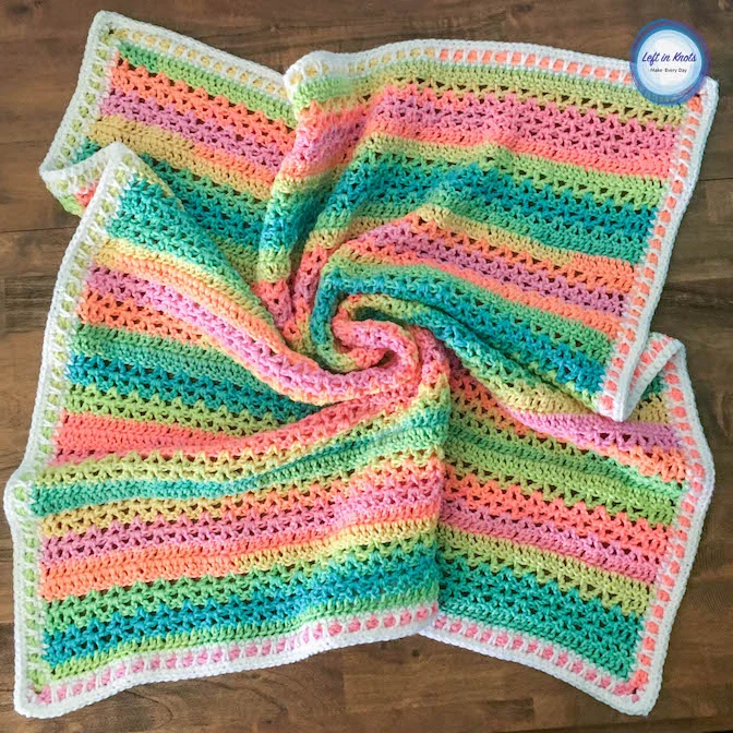 The Unicorn Stripes Baby Blanket gives you all the colors of the rainbow without a bunch of ends to weave in! Just use the new Red Heart Super Saver Stripes to make this simple and colorful blanket! This free crochet pattern is beginner friendly and includes tips for adjusting the size.