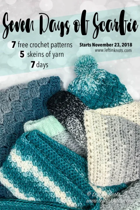Let’s celebrate the third annual Seven Days of Scarfie with a big pattern sale and giveaway! All of my Seven Days of Scarfie patterns will be on sale through 12/1/18 and one lucky winner of the giveaway will win 5 skeins of Lion Brand Scarfie Yarn. The giveaway is open to U.S. and Canada residents from 11/13/18 to 11/21/18 at 12AM CST.