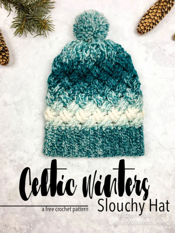 All of my one skein Lion Brand Scarfie patterns are free on my blog for your making pleasure all year round. The Celtic Winters Slouch Hat has been one of my most requested patterns since I designed the Celtic Winters Ear Warmer last year. The Celtic weave crochet stitch and Scarfie yarn are pretty much made for each other because…well….just look at that beauty <3 Keep reading for the free crochet pattern.