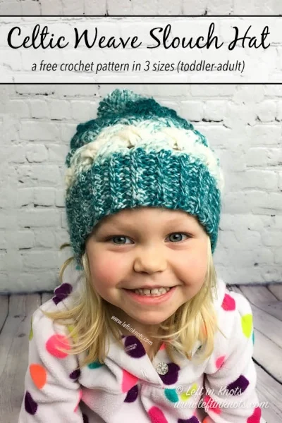 All of my one skein Lion Brand Scarfie patterns are free on my blog for your making pleasure all year round. The Celtic Winters Slouch Hat has been one of my most requested patterns since I designed the Celtic Winters Ear Warmer last year. The Celtic weave crochet stitch and Scarfie yarn are pretty much made for each other because…well….just look at that beauty <3 Keep reading for the free crochet pattern.