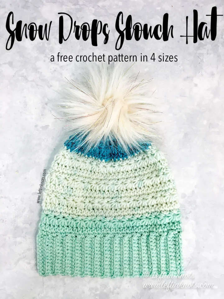 The Snow Drops Slouchy Hat has been one of my most popular free crochet patterns, and now it’s available in four different sizes! Make this hat for the whole family sizes baby through adult with less than one skein of Caron Cakes yarn or your favorite worsted weight yarn.