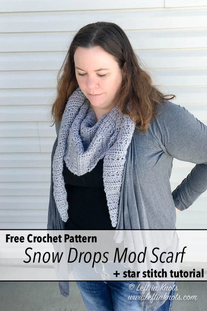 The Snow Drops Mod Scarf is a modern one skein triangle scarf that highlights the stunning texture of the star stitch. You can make this free crochet pattern with just one skein of Caron Cakes yarn or with any worsted weight yarn you have in your stash