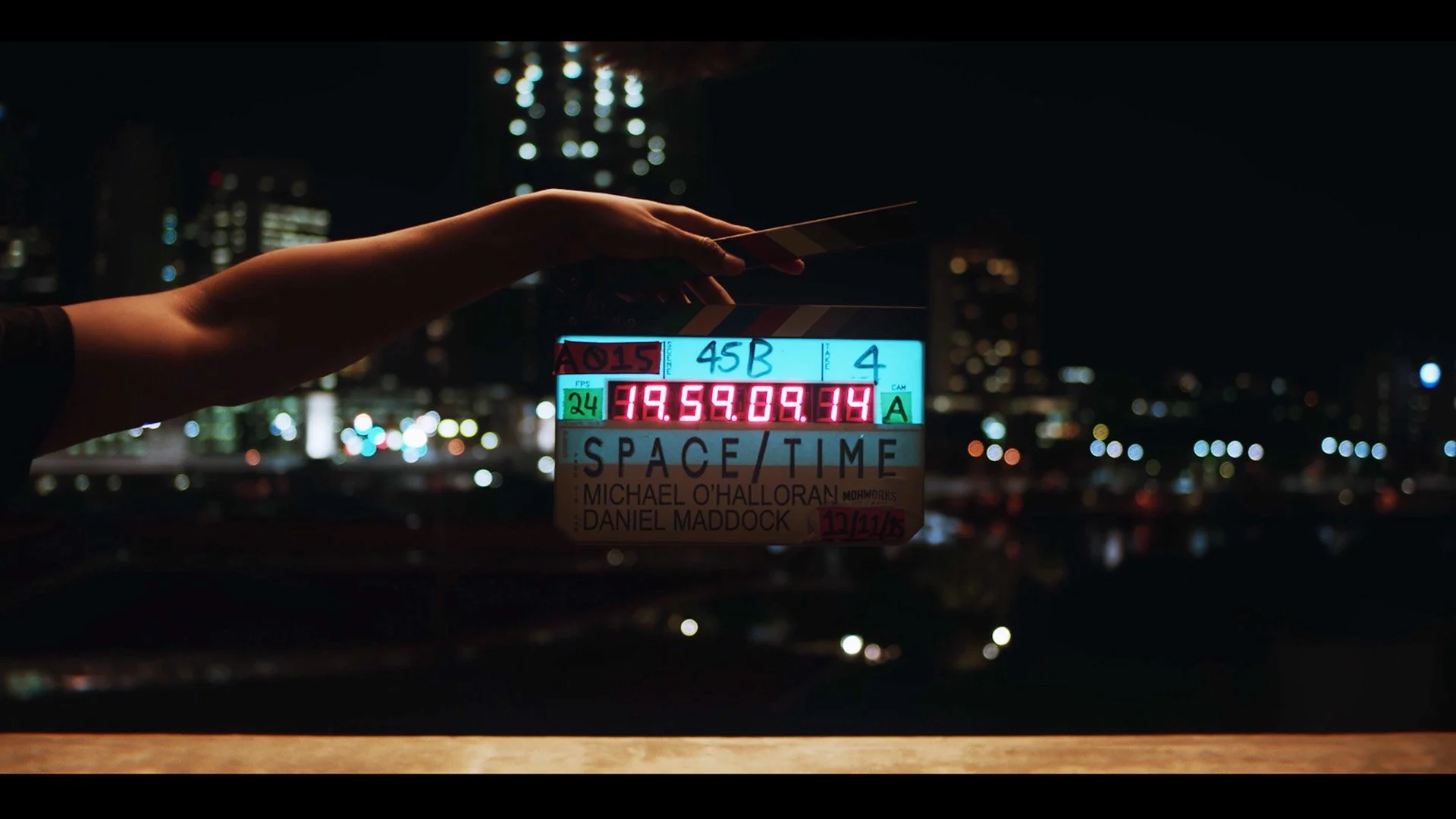 SPACE/TIME clapperboard during production, directed by Michael O'Halloran.