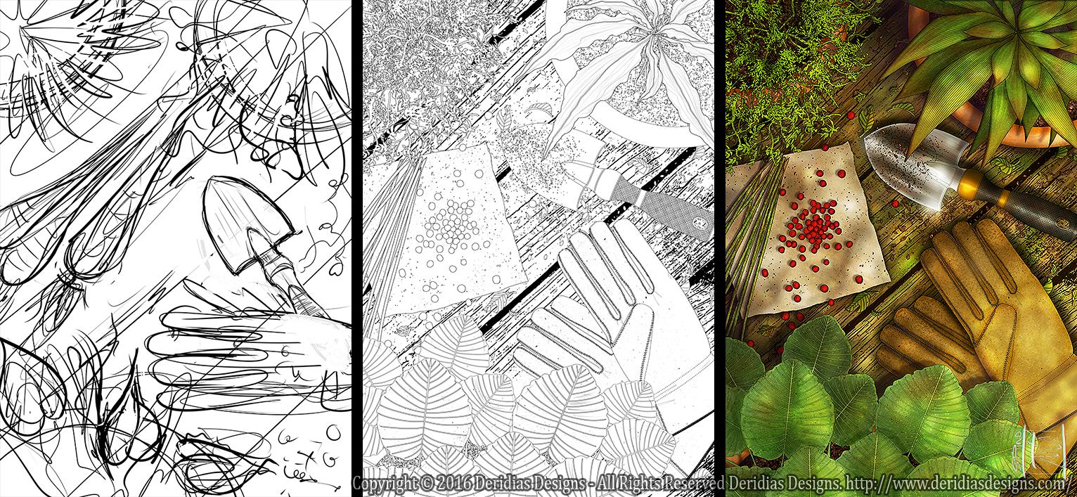 Ugly rough sketch, then pretty lines, then colours!