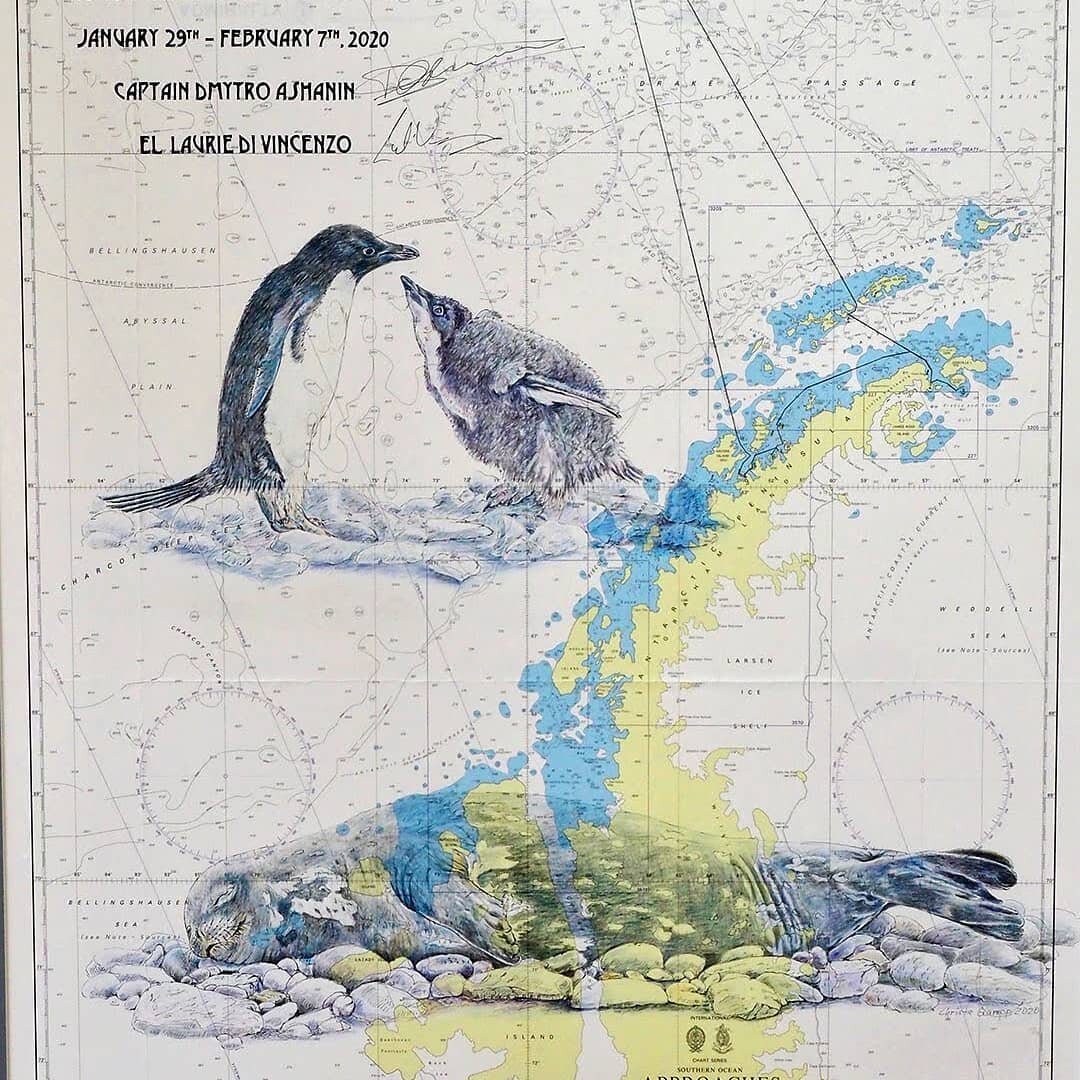 Detail of a nautical chart I illustrated in February while working on the Ocean Adventurer in Antarctica. Doing artwork on a moving ship that approaches the temperamental Drake Passage is an adventure on its own. I don't get seasick, but was close af
