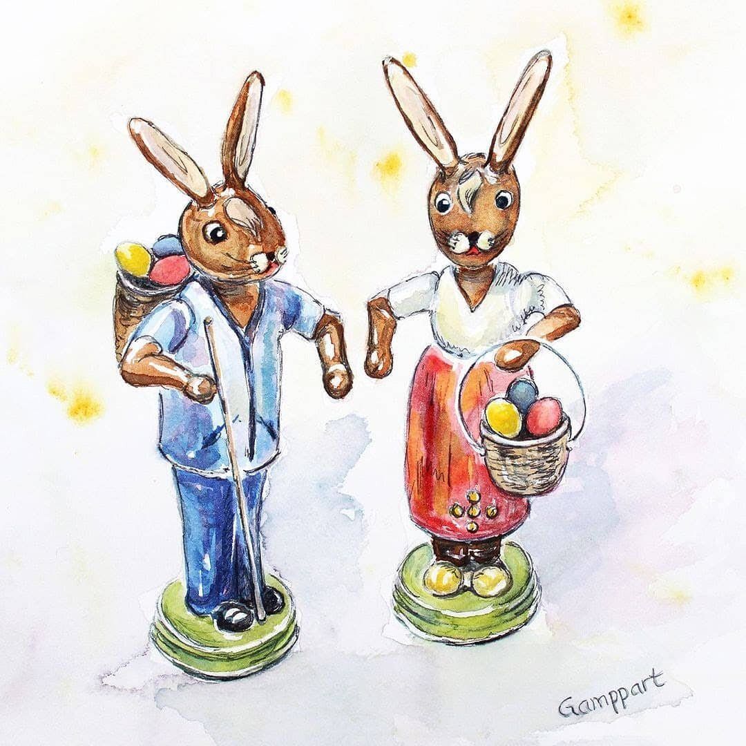 Happy Easter! Watercolour painting of my favourite figurines made in the Erzgebirge (Ore Mountains) in Germany. 
#erzgebirgischevolkskunst #easterbunny #osterhasen #aquarelle #watercolour #easterillustration #illustration #watercolorpainting #spring 