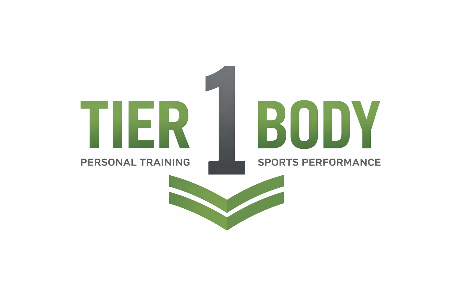 Logo with large number 1 in gradient gray, with the words 'Tier 1 Body' in green, and 'Personal Training' and 'Sports Performance' in black, separated by a green and white stylized book icon.
