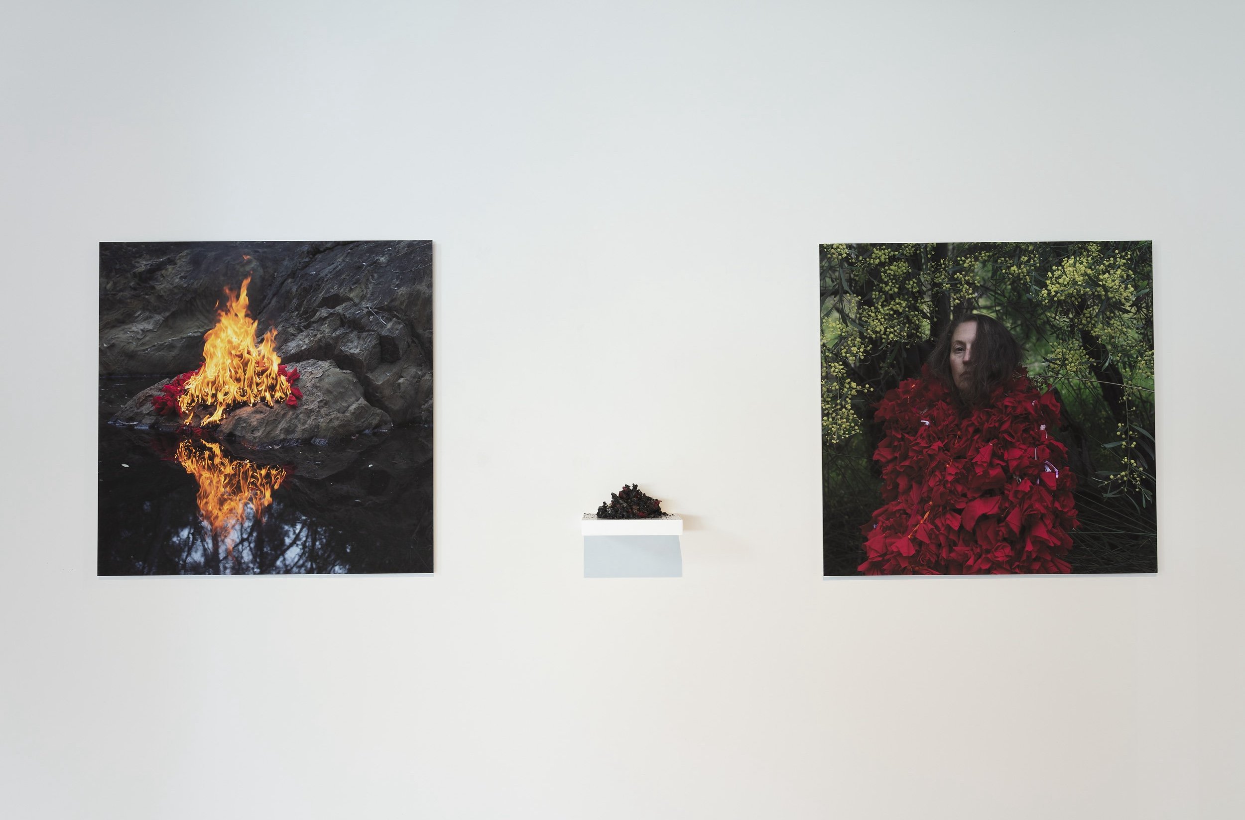  In 2025 the complete body of work was exhibited, with remnants of The Worry Cloak (centre) installed alongside the photographic works.  Installation view, 2025 Parallel Projects Documentation by Narelle Wilson 