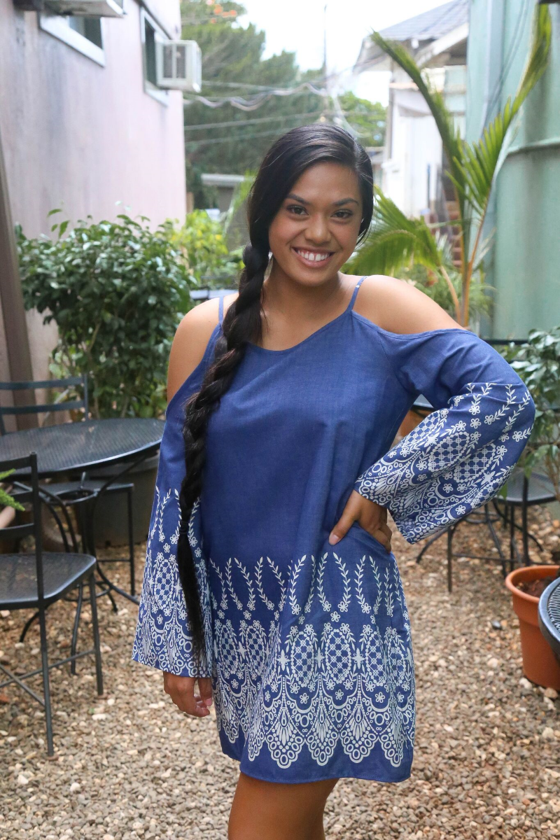 Our first look is a denim inspired cold-shoulder dress with embroidery trimming, perfect for any summer party.