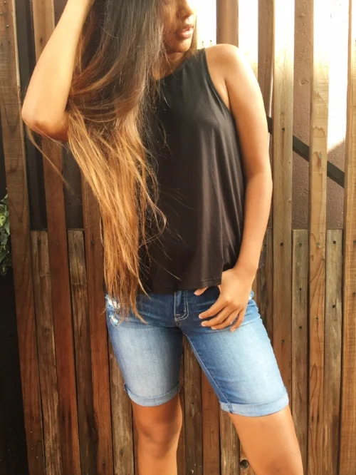 Cute and casual, this is our longer Bermuda style denim shorts. Perfect with longer tunic or flowy tops, and would be even cuter with some espadrilles!