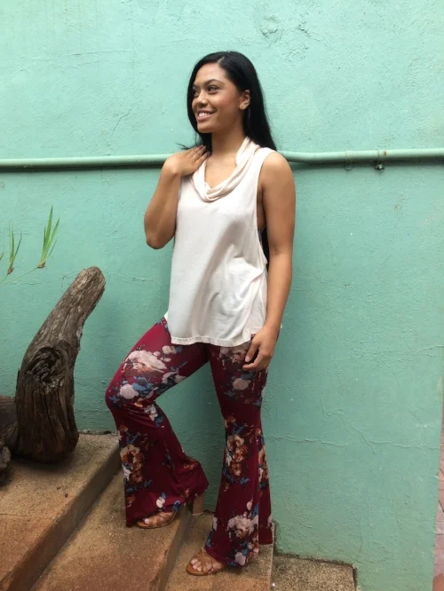Seriously, we are living for these pants! Burgundy, floral bells are going to be your new best friend this season.