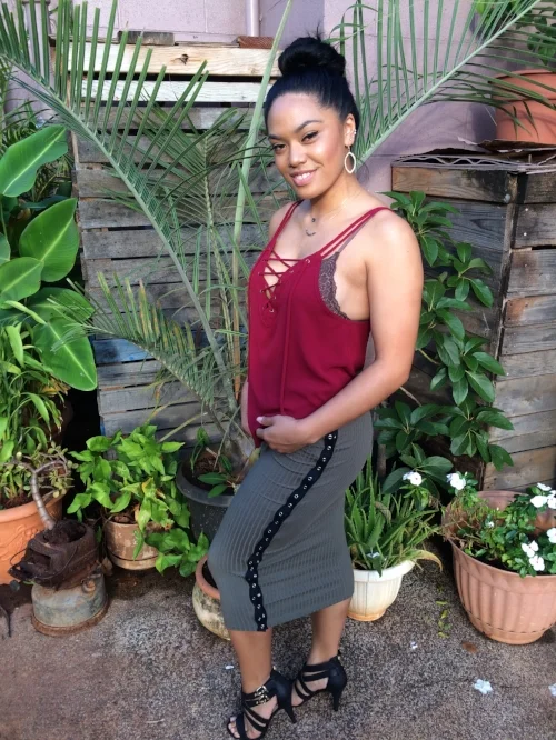 We paired this burgundy lace up tank with an olive pencil skirt, and we think it's pretty sassy. Feeling sassy, snag this outfit. (ps - the skirt comes in mocha and charcoal too).