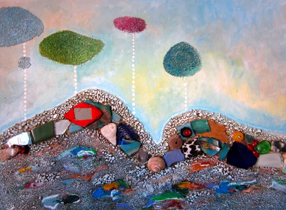 Landscape from Lanzarote, 40 x 30, acrilic, broken tiles, mirrors, stones, sand, 2011