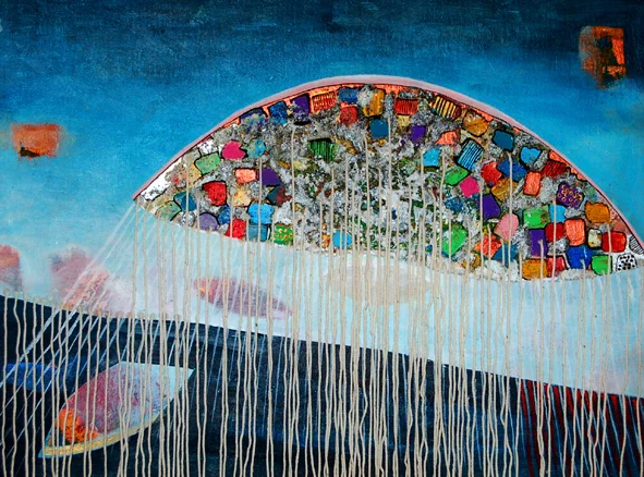 Rainy Cloud, 30 x 40, acrylic, yarn strings, sand, 2007