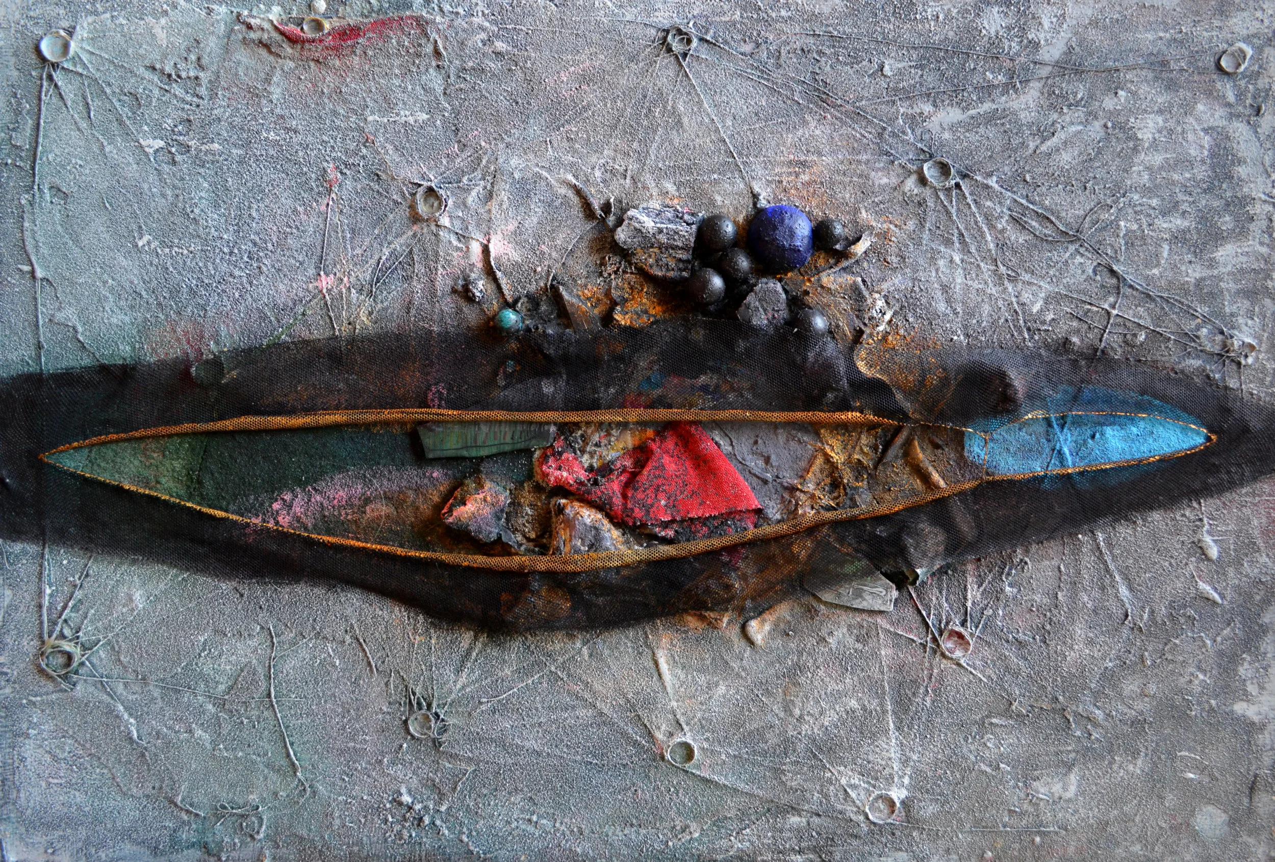  Moon composition, 37 x 53, acrylic, sand, objects, stones, clothes, stockings, 2007 (Lodz, Srodmiescie) 