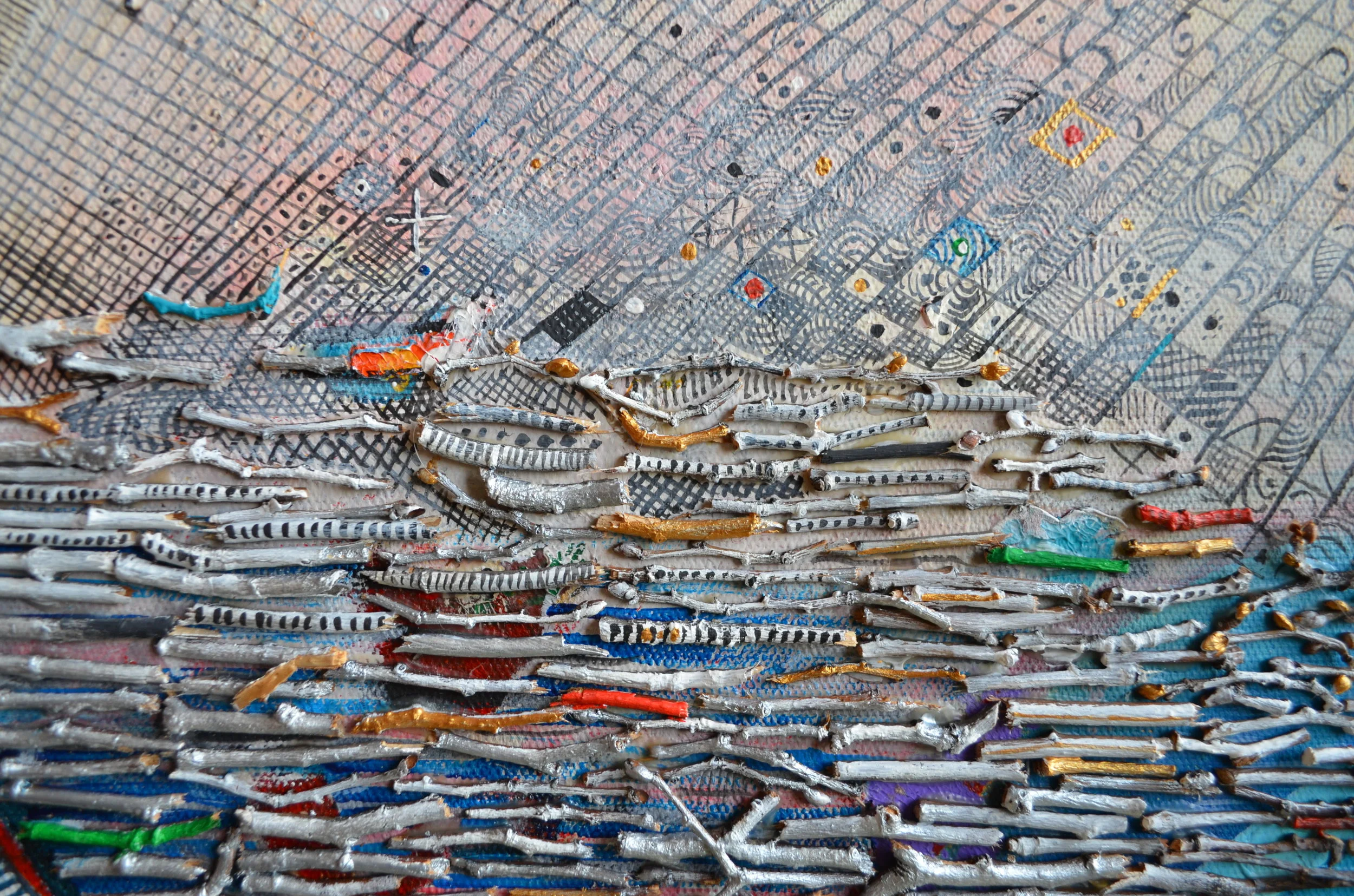  Sea landscape with a boat, 30 x 40, acrylic, woden sticks, 2009 (Warsaw, Plac Zbawiciela). Private collection 