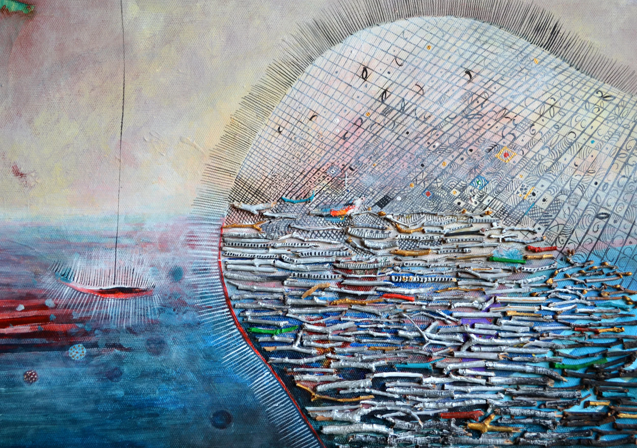  Sea landscape with a boat, 30 x 40, acrylic, woden sticks, 2009 (Warsaw, Plac Zbawiciela), Private collection 