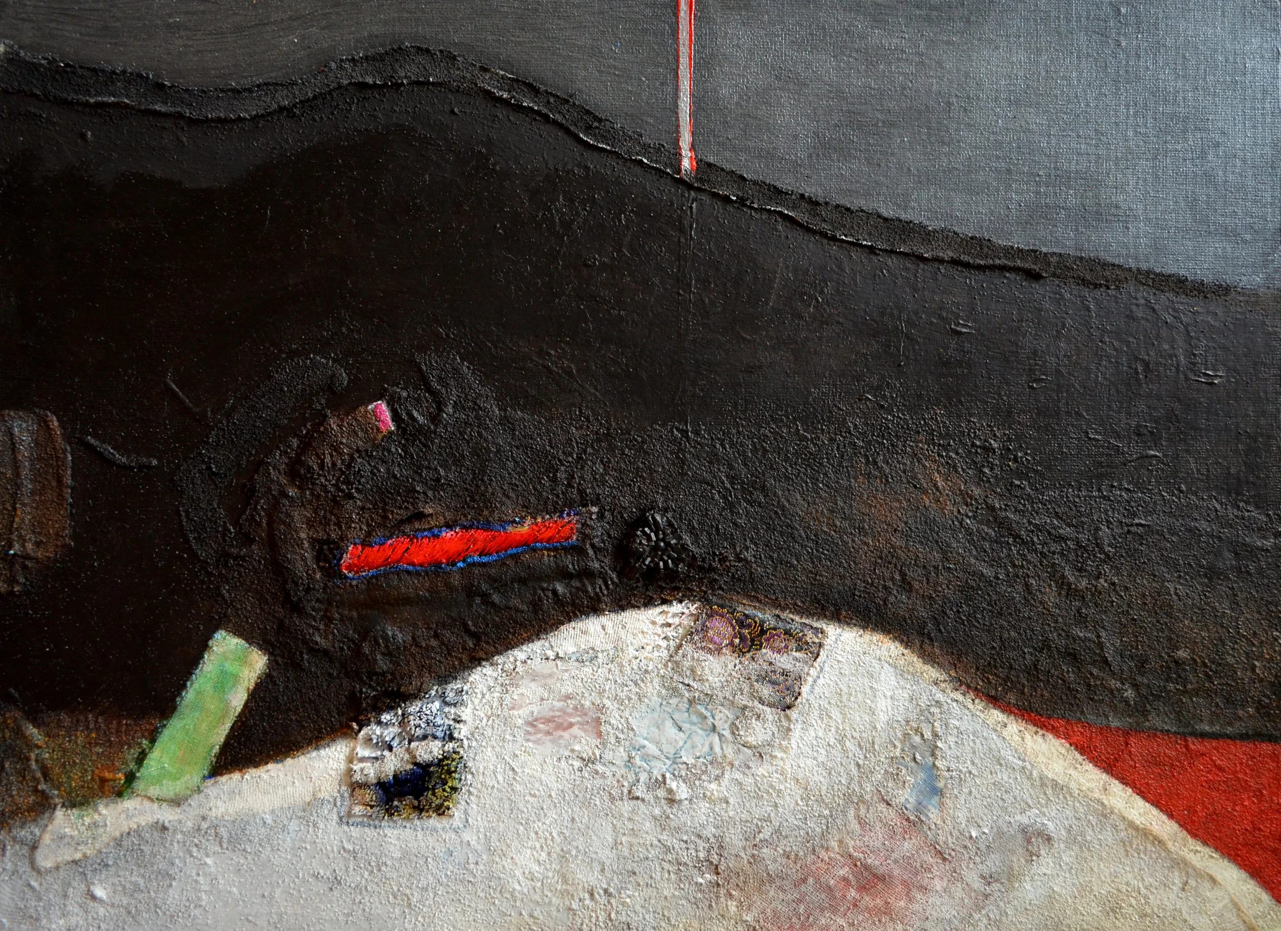  Composition II, 30 x 40, acrylic, sand background, pieces of clothes, 2008 