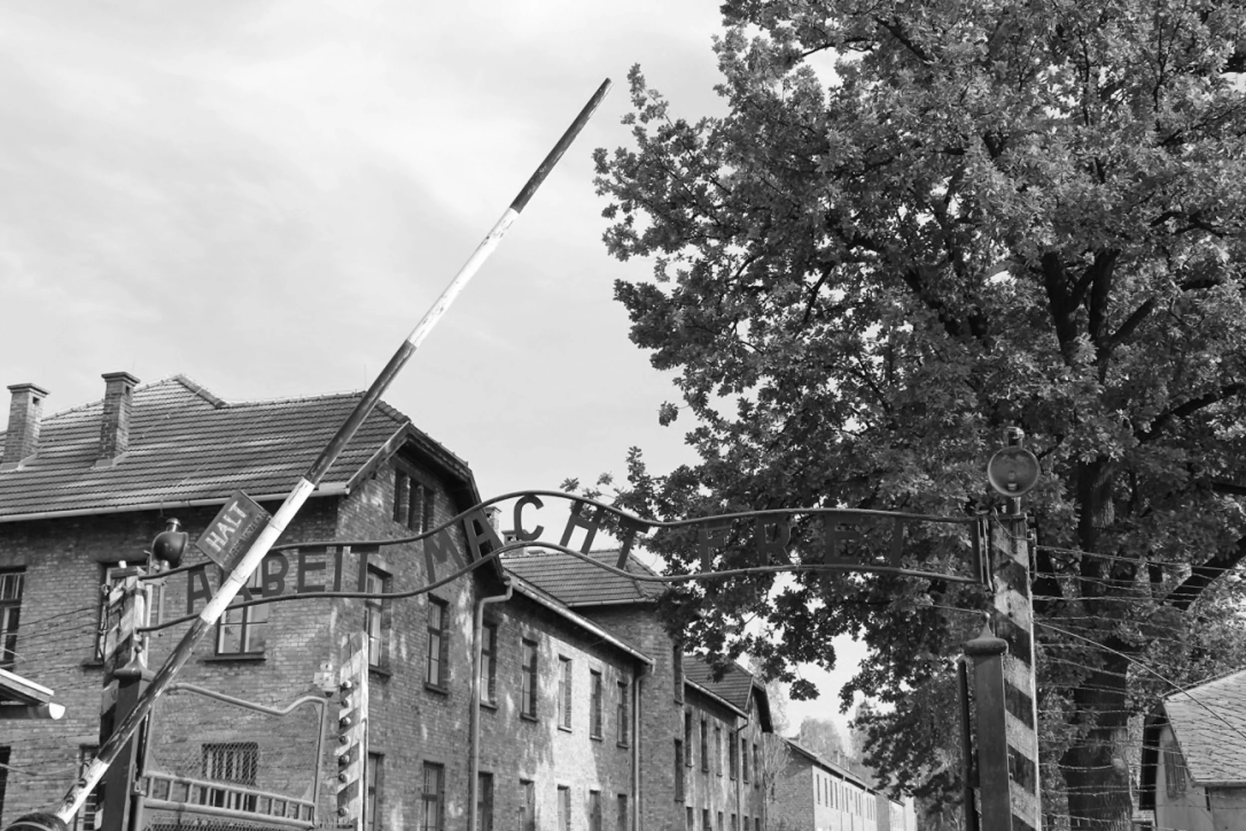 Auschwitz I. The camp gate with the cynical inscription “Work makes you free”.